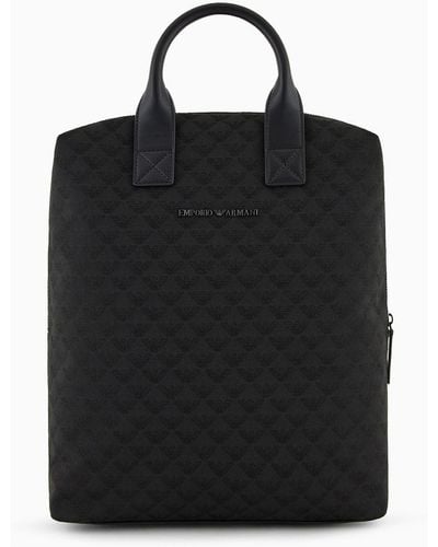 Emporio Armani Nylon Backpack With All-over Jacquard Eagle And Handles - Black