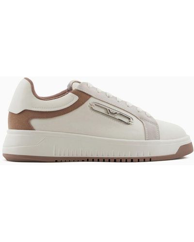 Emporio Armani Leather Trainers With Eagle Plate - White