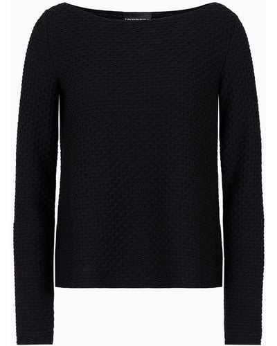 Emporio Armani Asv Recycled Jersey Jacquard Boat-neck Flared Sweater - Black