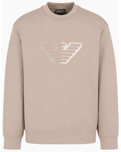 Emporio Armani Double-jersey Sweatshirt With Embossed Oversized Eagle On A Chevron Background - Natural