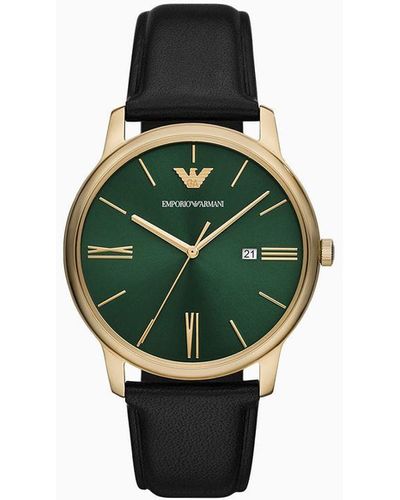 Emporio Armani Uhr Mit Drei Zeigern, Datumsanzeige Und Schwarzem Lederarmband - Grün