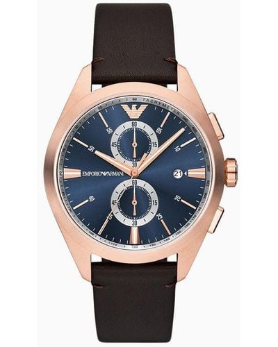 Emporio Armani Chronograph Brown Leather Watch - Blue
