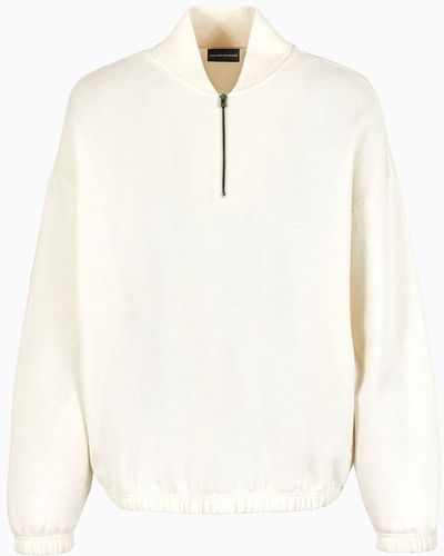 Emporio Armani Sweat-shirt En Jersey Mélange Cachemire Avec Zip Partiel - Blanc