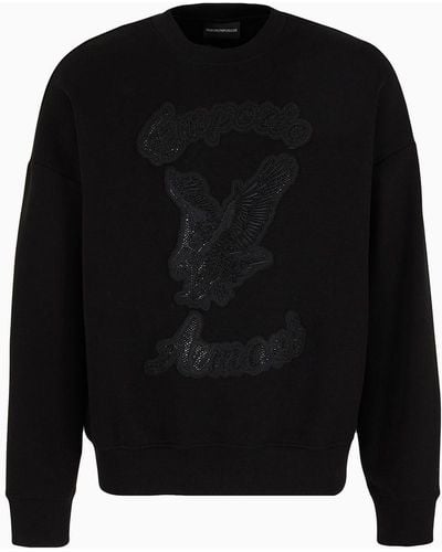 Emporio Armani Sweat-shirt Surdimensionné En Double Jersey Avec Écusson Et Broderie Strass Clubwear - Noir