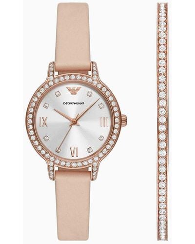 Emporio Armani Three-hand Pink Leather Watch And Bracelet Set - White
