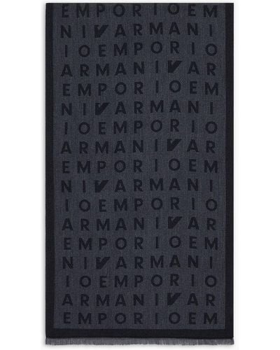 Emporio Armani Viscose-blend Scarf With Jacquard Lettering - Blue
