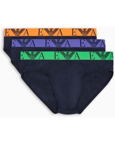 Emporio Armani Paquete De Tres Calzoncillos Slip Con Vistoso Logotipo De Monograma - Azul