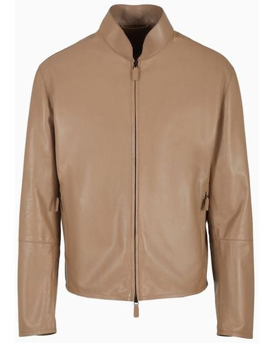 Emporio Armani Blouson In Partially Vegetable-tanned Plonge Lamb Nappa Leather - Brown