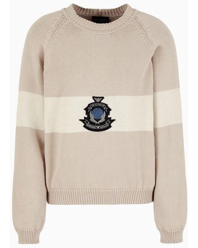 Emporio Armani Icon Cotton-blend Jumper With Contrasting Stripe And Archival Patch - White