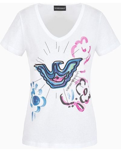 Emporio Armani V-neck T-shirt In Soft Modal-blend Jersey With Eagle Embroidery And Print - White