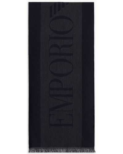 Emporio Armani Wool Scarf With Jacquard Logo Lettering - Blue
