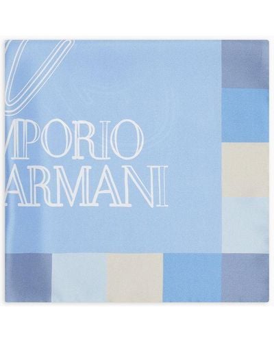 Emporio Armani Foulard En Soie Avec Imprimé Logo Encadré - Bleu