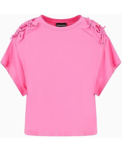 Emporio Armani Boxy Supima Jersey T-shirt With Raw-edge Bows - Pink