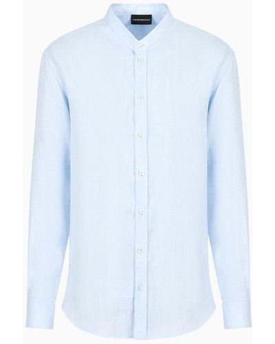 Emporio Armani Linen Chambray Shirt With Guru Collar - Blue
