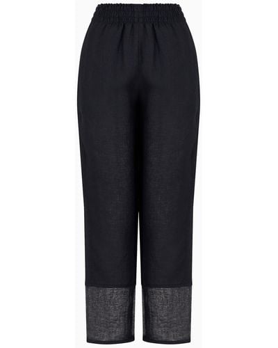 Emporio Armani Pure Linen Trousers With Elasticated Waist And Brushed Details - Blue