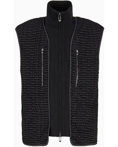 Emporio Armani Full-zip Sleeveless Top In Crinkled Nylon With All-over Flocked Logo Lettering - Black