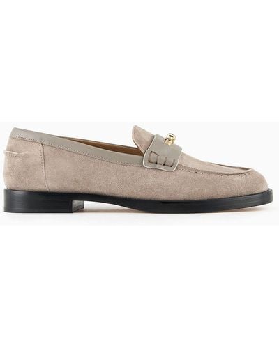 Emporio Armani Suede Icon Loafers With Leather Details - White