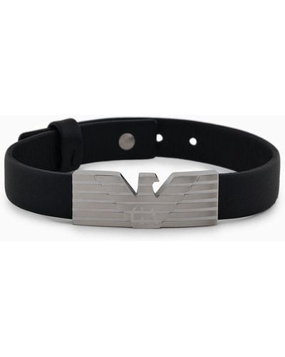 Emporio Armani Stainless Steel And Black Leather Strap Id Bracelet
