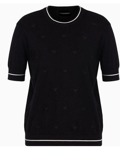 Emporio Armani Short-sleeved Jumper With All-over Micro-eagle Embroidery - Black