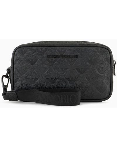 Emporio Armani Leather Washbag With All-over Embossed Eagle - Black