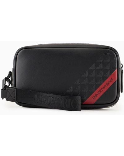 Emporio Armani Smooth Regenerated Leather Washbag With Asv Red Band - Black