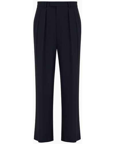 Emporio Armani Pantaloni Con Pinces In Tela Bi-stretch Di Lana Vergine - Blu