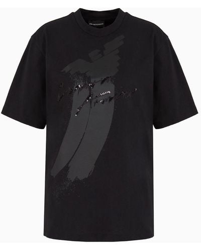 Emporio Armani Asv Organic Heavyweight Jersey T-shirt With Sequin Logo Print And Embroidery - Black