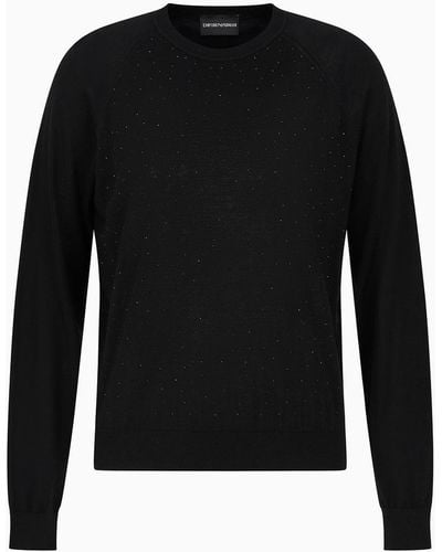 Emporio Armani Plain-knit Wool Jumper With Micro Rhinestones - Black