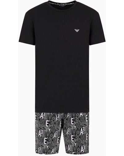 Emporio Armani Comfort-fit Pyjamas With Bermuda Shorts With All-over Bold Logo - Black