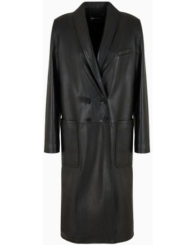 Emporio Armani Double-breasted Coat In Glove-like Nappa Lambskin - Black