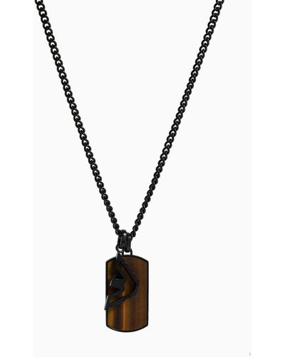 Emporio Armani Brown Tiger's Eye Dog Tag And Black Eagle Necklace - Metallic