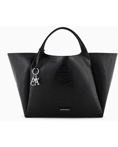 Emporio Armani Oversized Shopper Bag With Mock-croc Finish And Logo Charm - Black
