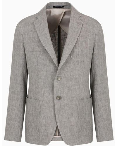Emporio Armani Single-breasted Jacket In Faded Linen With A Crêpe Texture - Grey