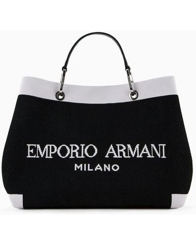 Emporio Armani Medium Knitted Myea Shopper Bag With Contrasting Details - Black