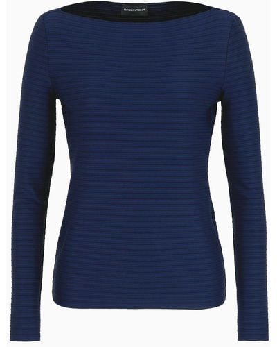 Emporio Armani Boat-neck Jumper In A Jacquard Fabric With Embossed Stripe Motif - Blue