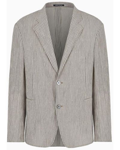 Emporio Armani Single-breasted Jacket In Striped Seersucker Fabric - Grey