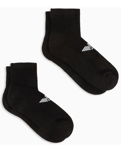 Emporio Armani Two-pack Of Short Terrycloth Socks With Sports Logo - Black