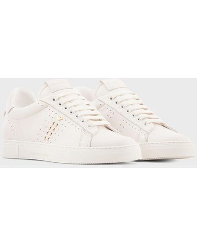 Emporio Armani Leather Sneakers With Studs And Perforated Motif - Natural