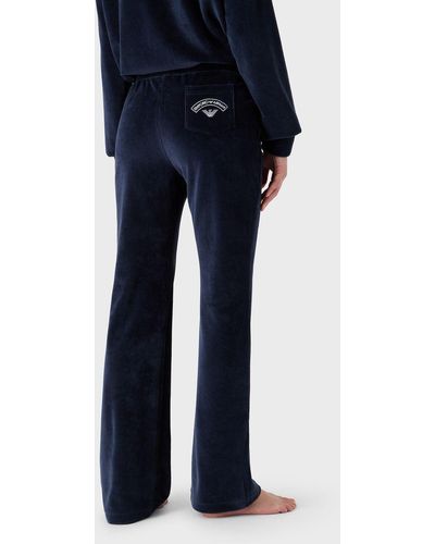 Emporio Armani Pantaloni Loungewear A Vita Bassa In Tessuto Velour A Coste - Blu