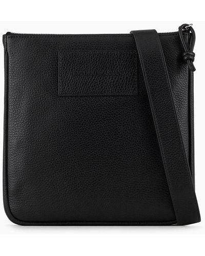 Emporio Armani Flat Tumbled Leather Shoulder Bag - Black