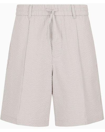 Emporio Armani Drawstring Bermuda Shorts In Striped Seersucker Fabric - White