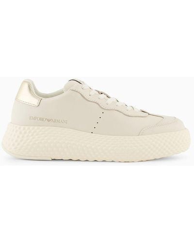 Emporio Armani Chunky Leather Trainers With Gold Back - White