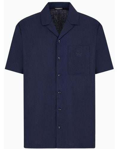 Emporio Armani Kurzärmeliges Strandhemd Aus Leinenmischung - Blau