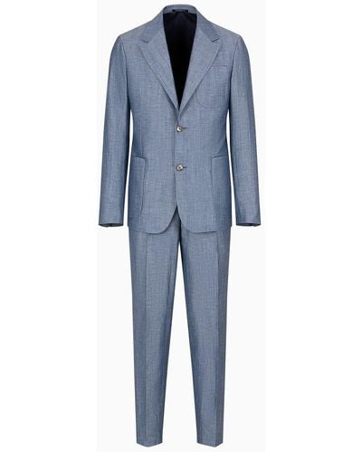 Emporio Armani Single-breasted Suit In An Ultra-light Tropical Virgin Wool And Linen-blend Fabric - Blue