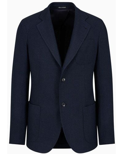 Emporio Armani Modern-fit Single-breasted Jacket In A Virgin-wool-blend Mouliné Chevron Weave - Blue