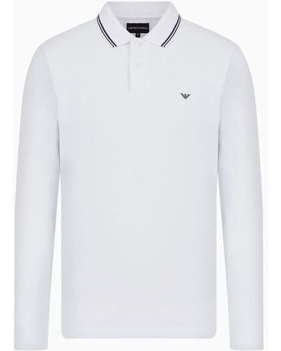 Emporio Armani Long-sleeved Stretch Piqué Polo Shirt With Micro Eagle Embroidery - White