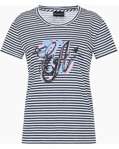 Emporio Armani Asv Lightweight Organic-jersey T-shirt With Stripes And Embroidered Logo - Blue