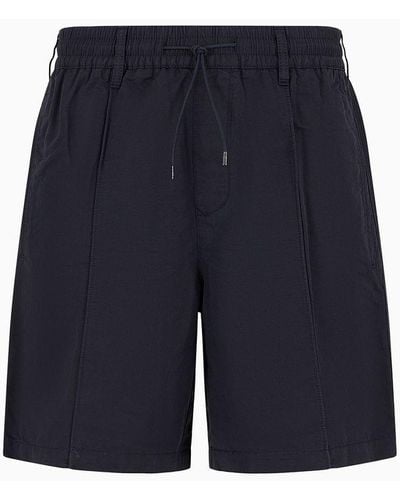Emporio Armani Linen-blend Twill Bermuda Shorts With Crease And Elasticated Waist - Blue