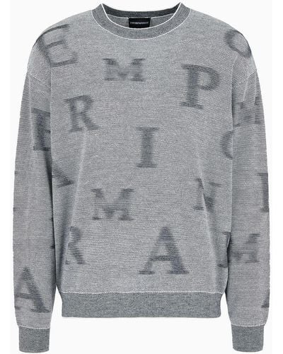 Emporio Armani Two-tone Micro-striped Virgin-wool Jumper With All-over Lettering - Grey