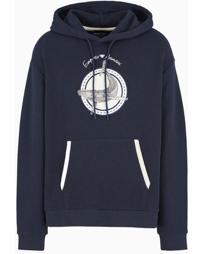 Emporio Armani Twill Hooded Sweatshirt With Oversized Whale Patch - Blue